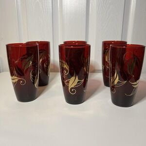 6 -  Vintage Anchor Hocking Ruby‎ Red Tumblers with Gold Leaves